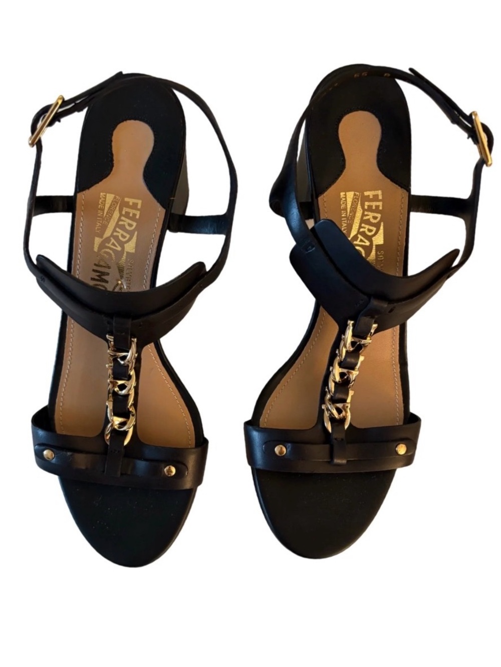 Salvatore Ferragamo Black Leather T-Strap Sandals with Gold Chain
